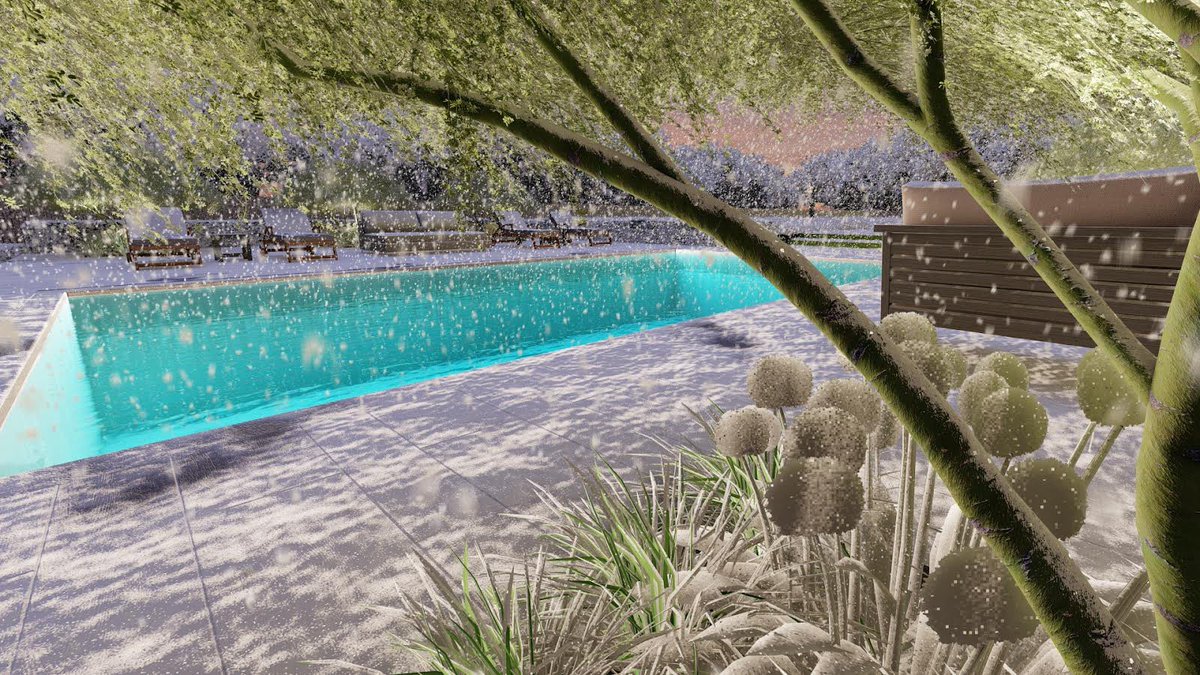 landscapeserv's tweet photo. Christmas visual No.1 using @LumionUK! This coastal garden design in Poole features a lavish swimming pool, outdoor dining, structural planting and of course snow! https://t.co/Xea0yIQWMq
