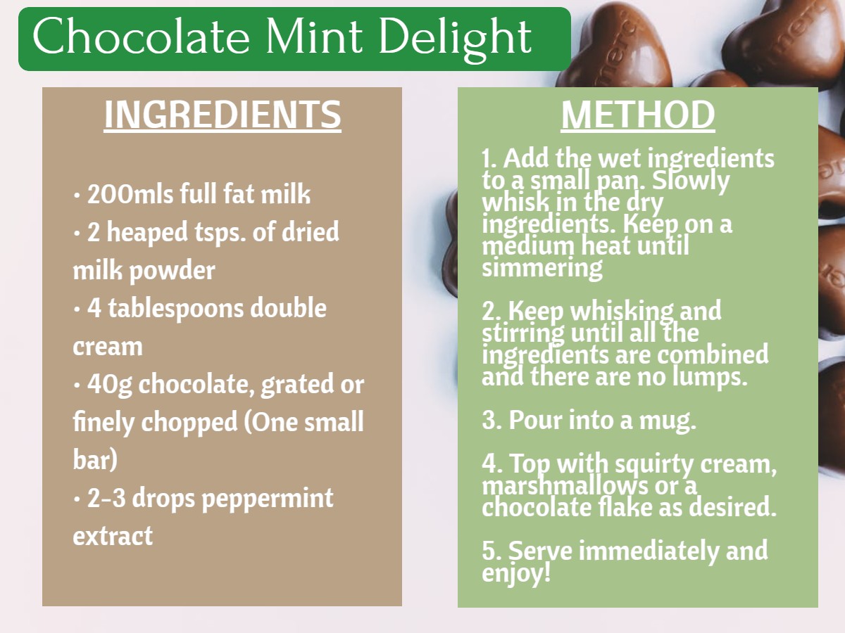 EatWellScot's tweet photo. Hot drinks are a great way to help keep older people hydrated and nourished, especially during the winter months.

Try this fortified recipe Chocolate Mint Delight to boost calorie &amp; protein intake. 

#FoodFirst #StayWellInWinter https://t.co/iC7n5A5Bc8