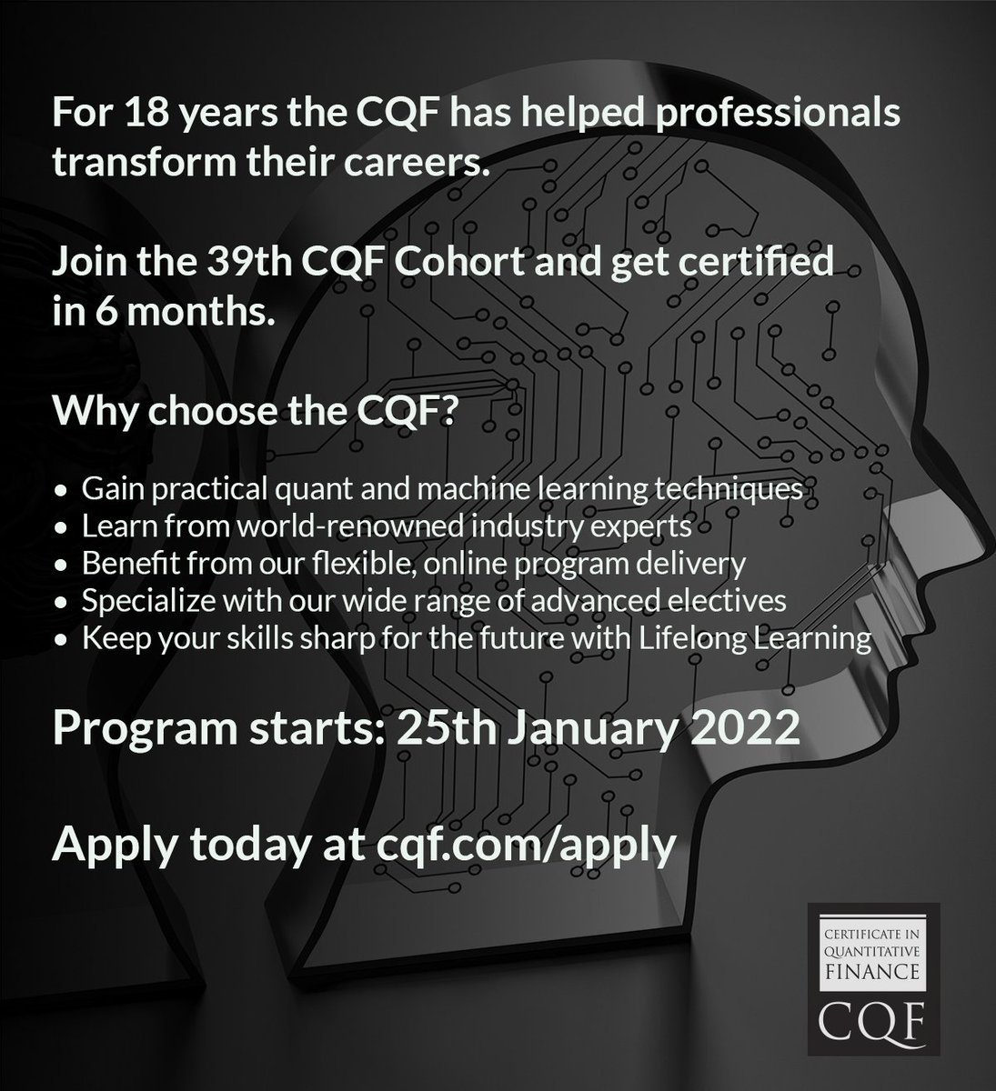 CQFInstitute's tweet photo. The CQF is a globally recognized program that has been chosen by over 5500 professionals. Apply today to join the January 2022 program and benefit from early enrollment pricing: https://t.co/esg12rBRHD

#CQF #quant #finance #quantitativefinance #machinelearning #datascience https://t.co/bcmwts5XbZ