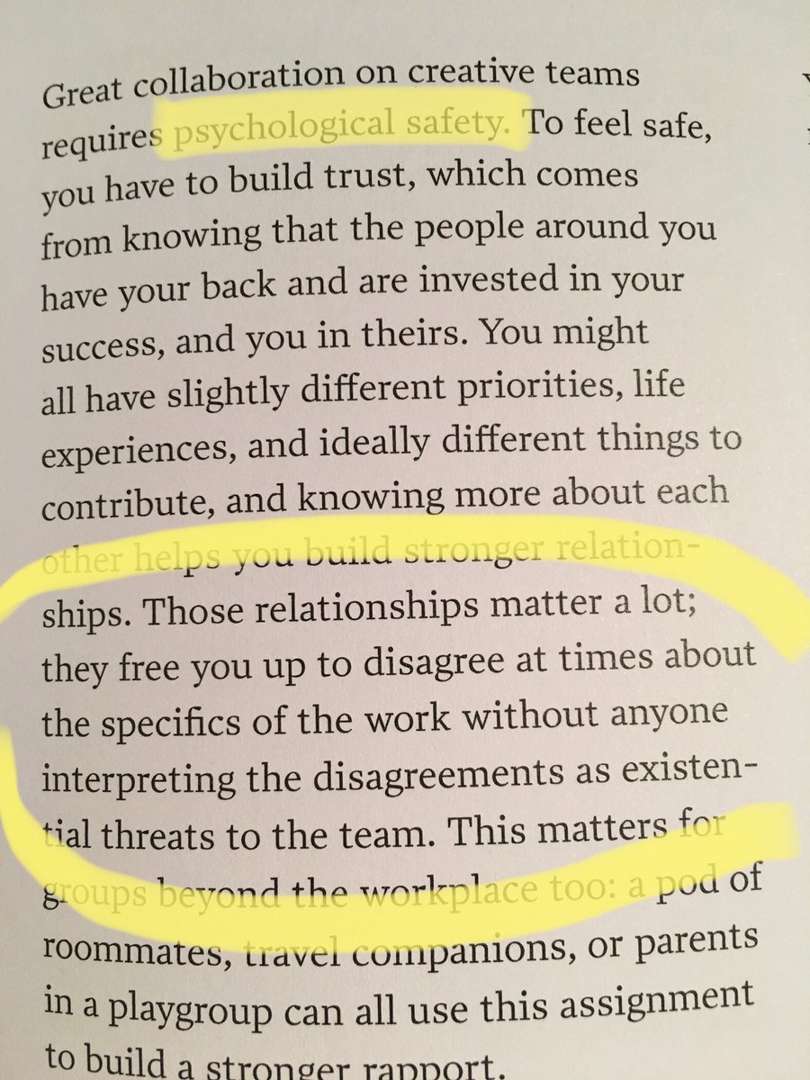 AmyCEdmondson's tweet image. When #psychologicalsafety is present, team disagreements are not seen as existential threats. 
It’s the difference between #TaskConflict (often generative) and #RelationshipConflict (usually destructive). 
Below: new book #CreativeActs for Curious People ⁦@steingreenberg⁩