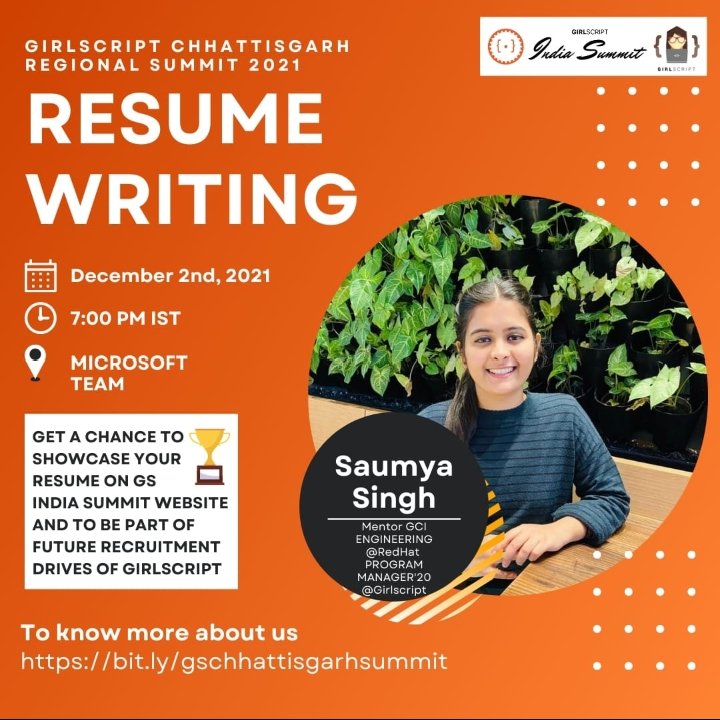 girlscript_rpr's tweet photo. Unveiling🥳 yet another scintillating personality🤓 at

 ✨ *_The Regional Summit_* ✨

, the upcoming grand celebration of Girlscript.

Claps👏🏻 for our resume writing instructor,
```Soumya Singh```
The beautiful lady is a mentor at GCI, an engineer at RedHat. https://t.co/zt3IR0ezVW