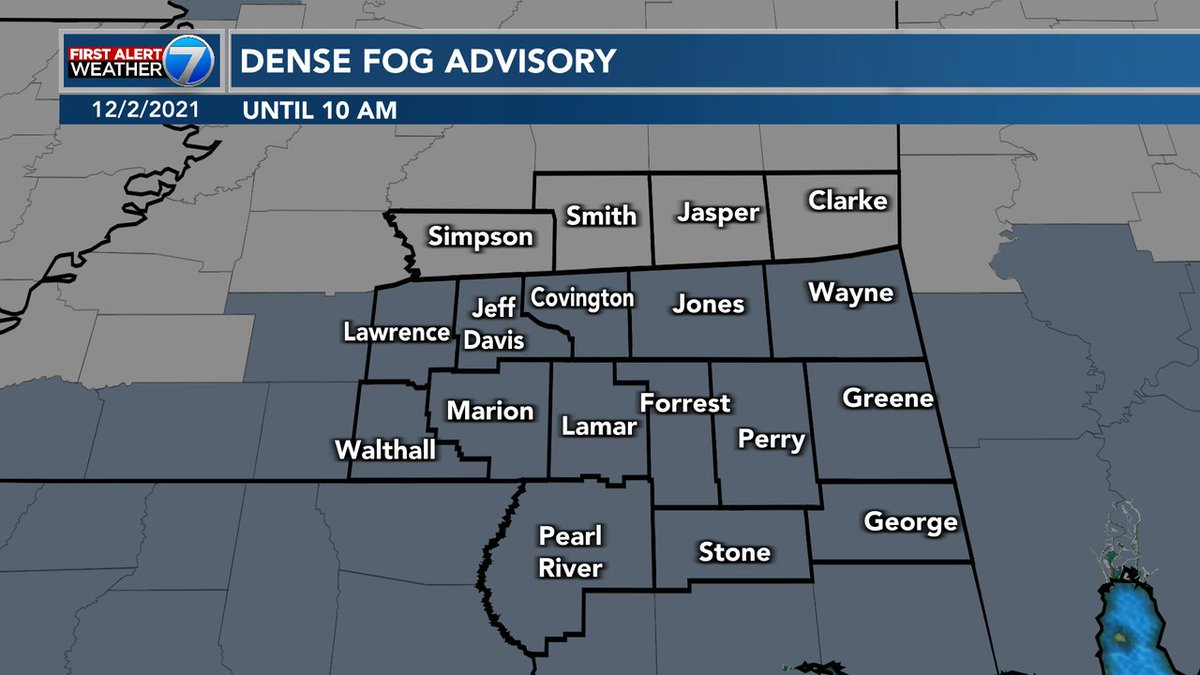 RyanMahanWx's tweet photo. Dense Fog Advisories have crept further north, nearly covering the entire Pine Belt area. Drive slowly, use low beams, and give yourself a little extra time to get where you're going during your morning commute. #mswx #PineBelt https://t.co/04RZWkoctZ