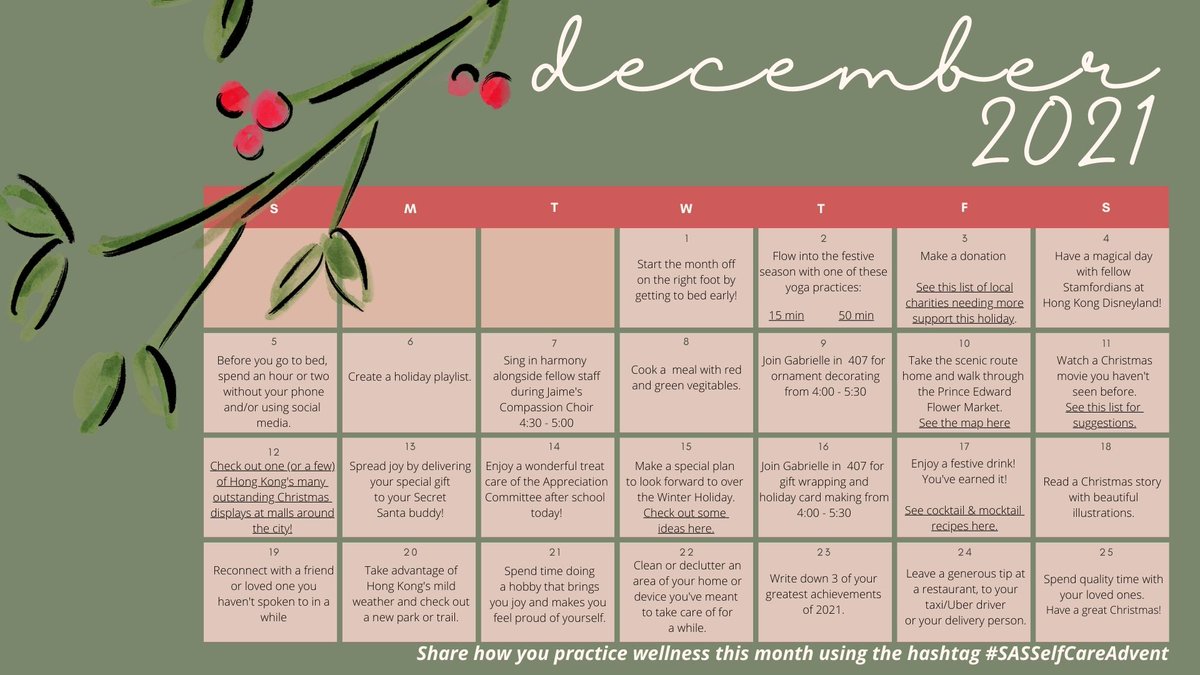 As part of the staff #BeWell committee, I've created a self-care advent calendar for our faculty. Hopefully you can partake in some of these activities and welcome the holiday season and count down to a well deserved break! #cognitaway #stamfordhk #SASSelfCareAdvent