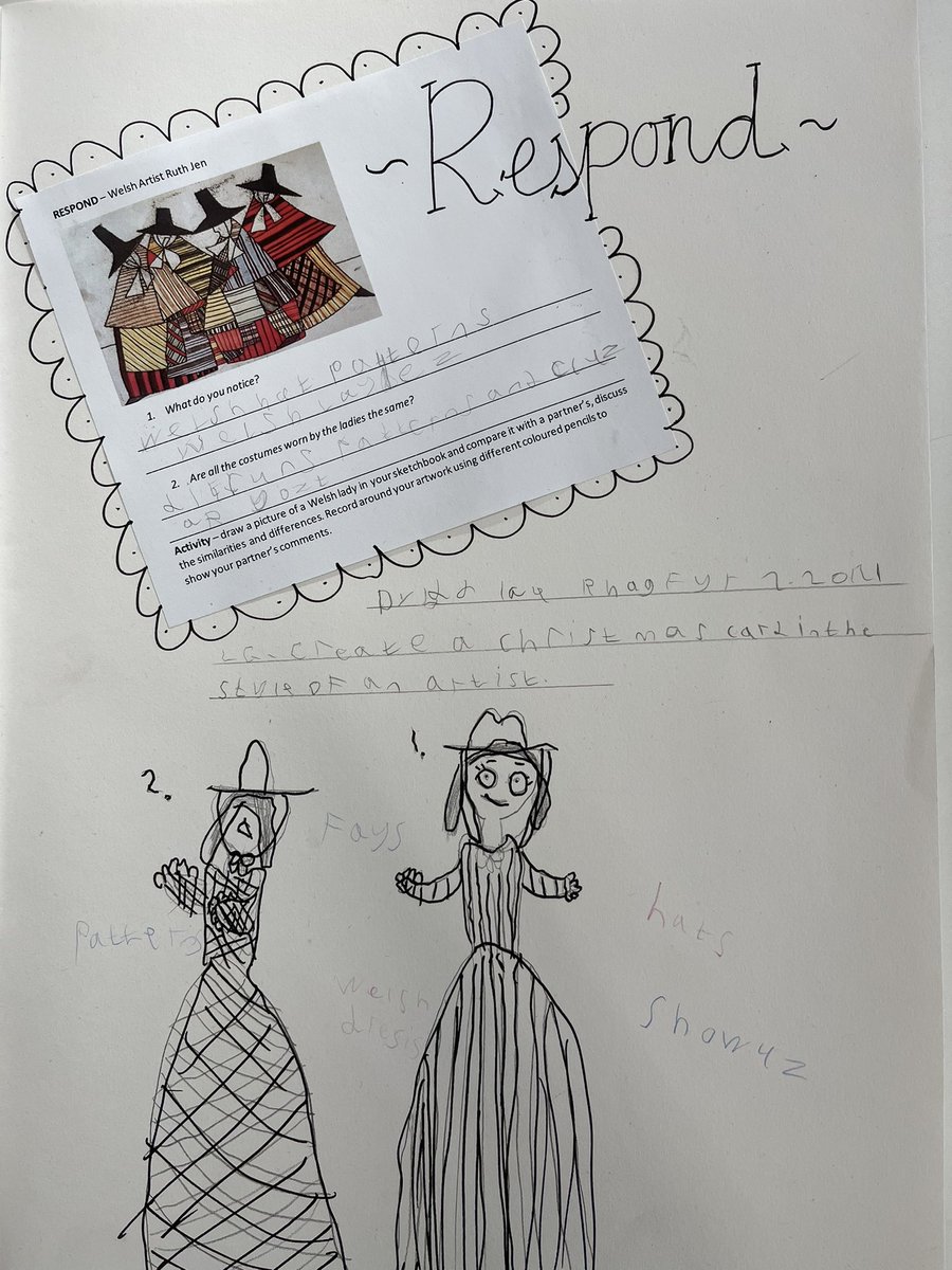 MissHoward24's tweet photo. Loving the responses to Welsh artist Ruth Jen’s artwork! We’ve been having a go at our own Welsh ladies in readiness for our Christmas card creations! @5tAndrews @sapsyear4 #inspiredbyRuthJen @SAPSExpressiveArts https://t.co/I4vcWtYl03