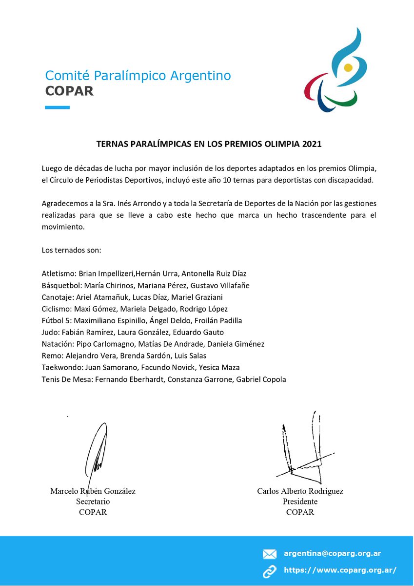 PREMIOS OLIMPIA 2021

Este año el CPD, incluyó este año 10 ternas para deportistas con discapacidad en los Premios Olimpia 2021.
Agradecemos a la Sra. Inés Arrondo y a toda la Secretaría de Deportes por las gestiones realizadas para que se lleve a cabo este hecho tan trascendente