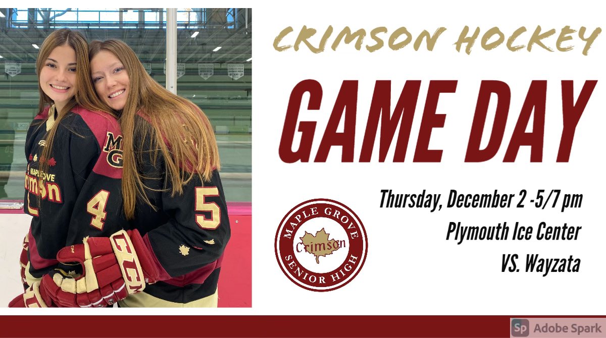 🚨Game Day🚨
<a href="/MG_Girls_Hockey/">Crimson Girls Hockey Booster</a> takes it on the road tonight to take on  
<a href="/WayzataVSquad/">Wayzata Girls Hockey</a> at PIC Arena! Checkout the Game! 
 
Both JV &amp; V games will be steamed on Facebook live at 
MG Crimson Girls Hockey #FearTheLeaf #WeAreCrimson  <a href="/MGActivities/">Crimson Activities</a>