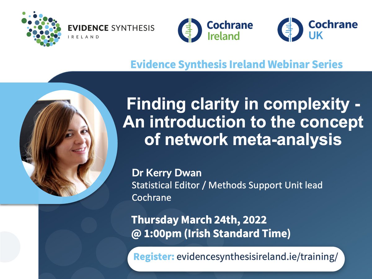 📢Another exciting webinar lined up for March of next year hosted by <a href="/dwan_kerry/">Dr Kerry Dwan</a> on 'Finding clarity in complexity: An introduction to the concept of meta-analysis'. To find out more about it and our other webinars, please go to: evidencesynthesisireland.ie/training/