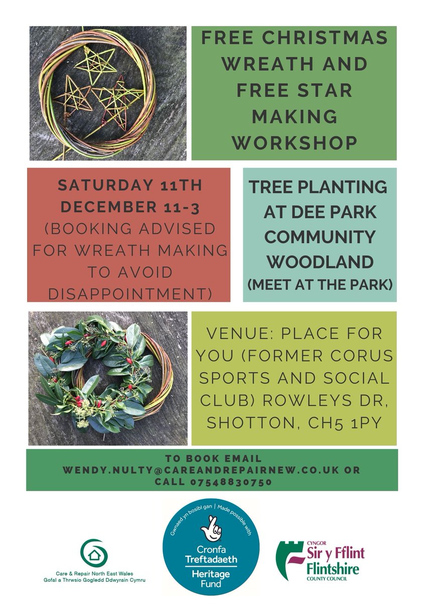 Free Wreath Making Workshop, Star Workshop and Tree Planting Saturday 11th December 11-3. 
Booking required for wreath making, to avoid disappointment. See poster for contact details.