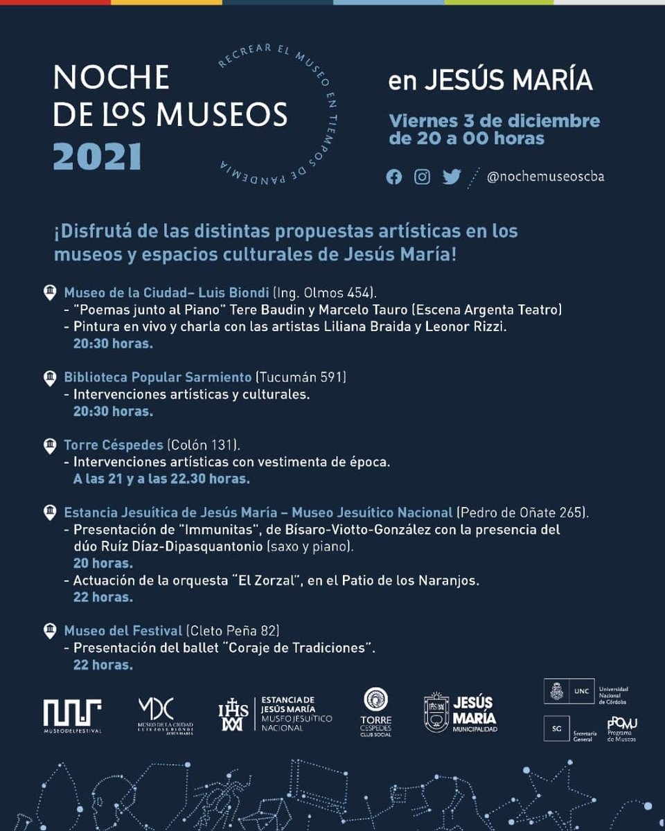 Canal2JMaria's tweet photo. #Agenda Llega a Jesús María “La Noche de los Museos".

💻 Conocé la programación: https://t.co/hIDkow794f https://t.co/Ecj23kdi7C