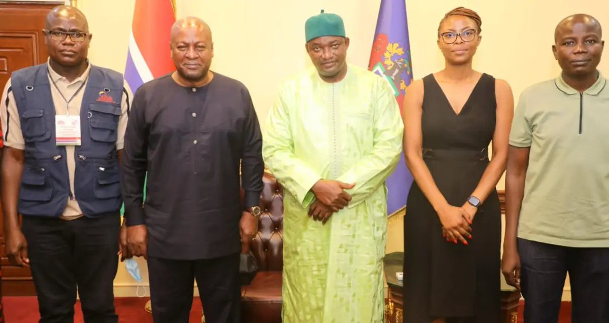 GambianY's tweet photo. Former Ghanaian President, John Dramani Mahama @JDMahama, who is heading the Electoral Institute for Sustainable Democracy in Africa, an observer mission in the #Gambia, called on President Adama Barrow @BarrowPresident at State House on Wednesday. https://t.co/XTRSOs37Sc