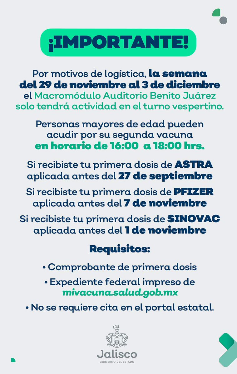 ZuzuC2's tweet photo. @Ferapp @GobiernoJalisco La semana pasada pusieron esta información, puedes acudir al auditorio sin cita por la tarde para que te apliquen la vacuna que te falta. https://t.co/eciuq5aeBr