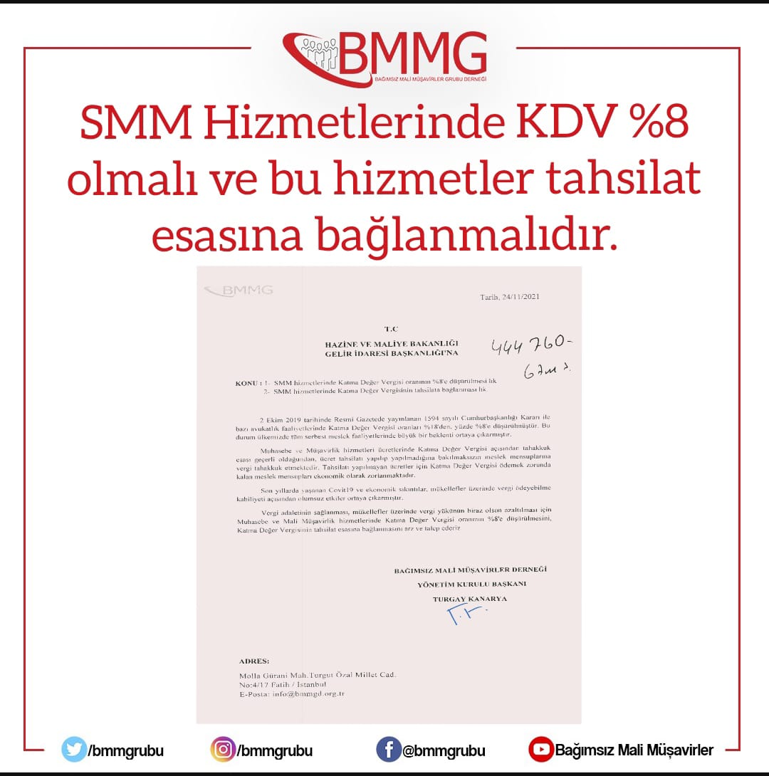 Serbest Meslek Hizmetlerinde KDV %8 e indirilmeli ve hizmetlerimiz tahsil esasına bağlanmalıdır. 

Bu meslek camiası en zor zamanlarda devletinin yanında yer almış, üzerine düşen tüm görevleri layıkıyla yerine getirmiştir. 

Sürecin takipçisi olmaya devam edeceğiz. #kdvindirimi