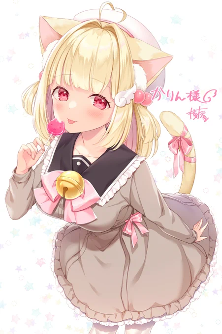 Skebにて、VTuberの猫羽かりんさんを描かせて頂きました!けもみみハーフツインに大きなリボン瞳のハートなどなど好きな要素沢山で楽しく描かせて頂きました❣️ #かりにゃ～と 