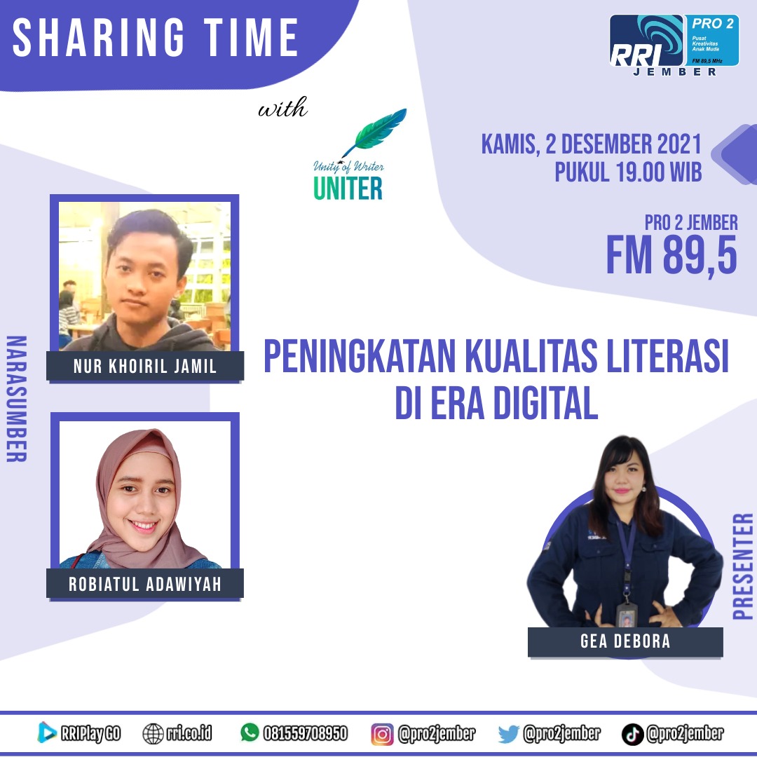 Sharing Time kali ini bersama dengan UNITER dengan pembahasan 'Peningkatan Kualitas Literasi di Era Digital' yang akan hadir menemani kamu

Jangan sampe ketinggalan yaa, nanti malam di  jam 7!