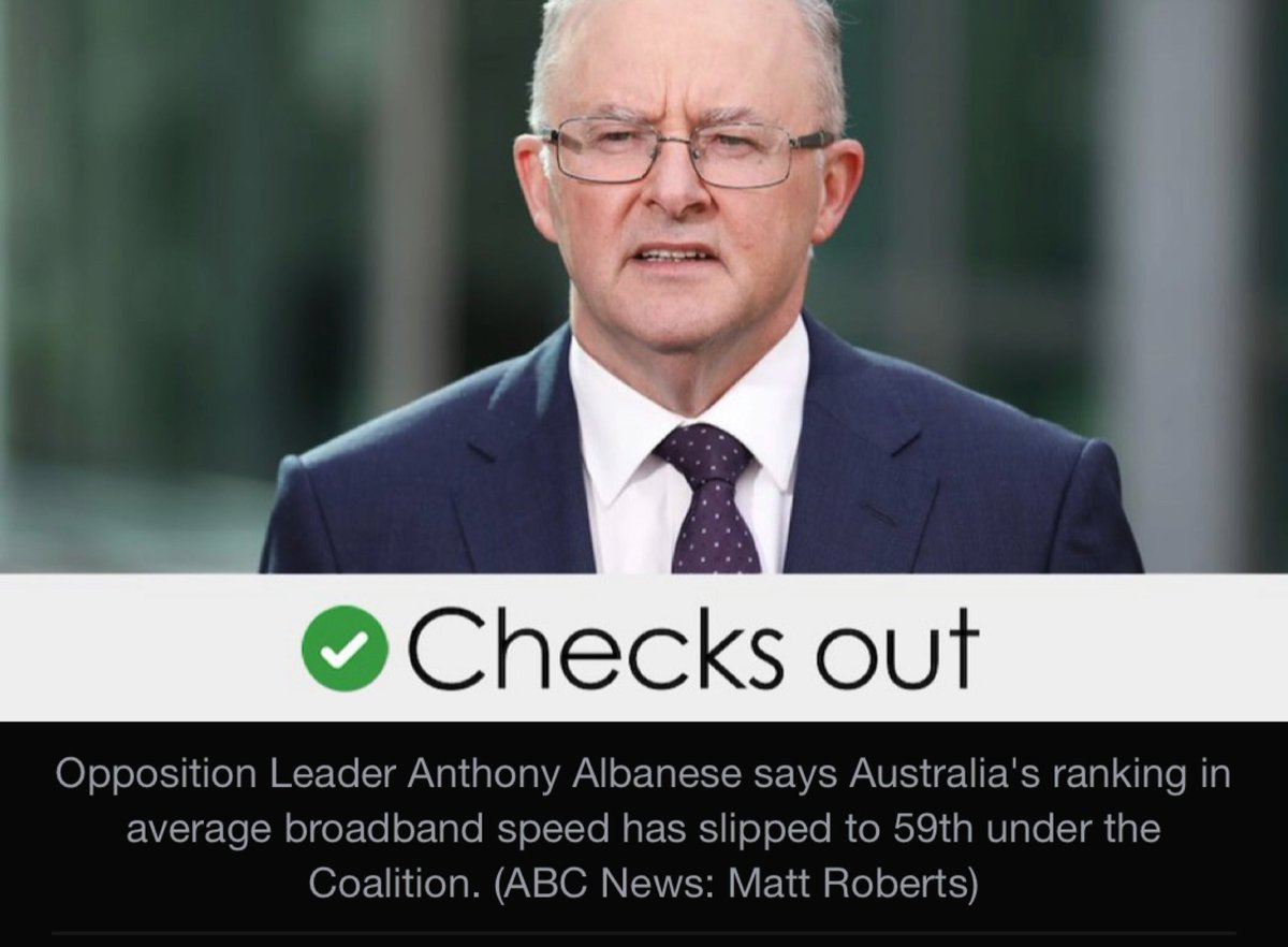 Anthony Albanese says Australia has slipped to 59th in the world for average broadband speeds since the Coalition took office. Is that correct? abc.net.au/news/2021-12-0… #NBN #Auspol #LibFail