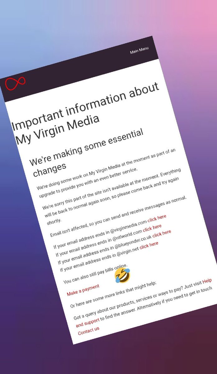 ChrisPye151's tweet photo. @virginmedia Love that your whole system has gone boom in what I've read is a #catastrophic failure! But you can still take payments in what seems to be the only part of your website that works!
That pretty sums up what loyal customers like me are. Cashcows #virginmedia https://t.co/JJH7ZB1yqH