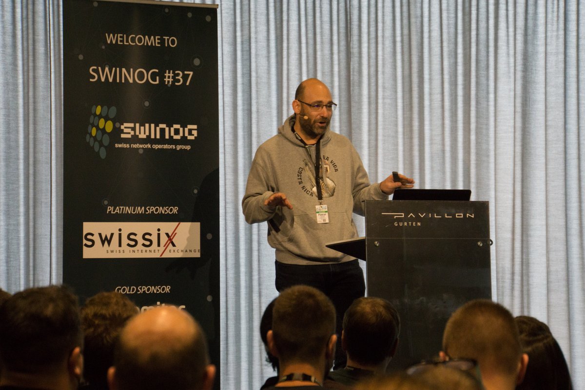 swinog's tweet photo. Pascal Gloor (@spale75) on „How we inadvertently made the fastest Internet access“ @init7 #swinog #swinog37 #bandwith-is-everything https://t.co/ZX7Grj8QpQ
