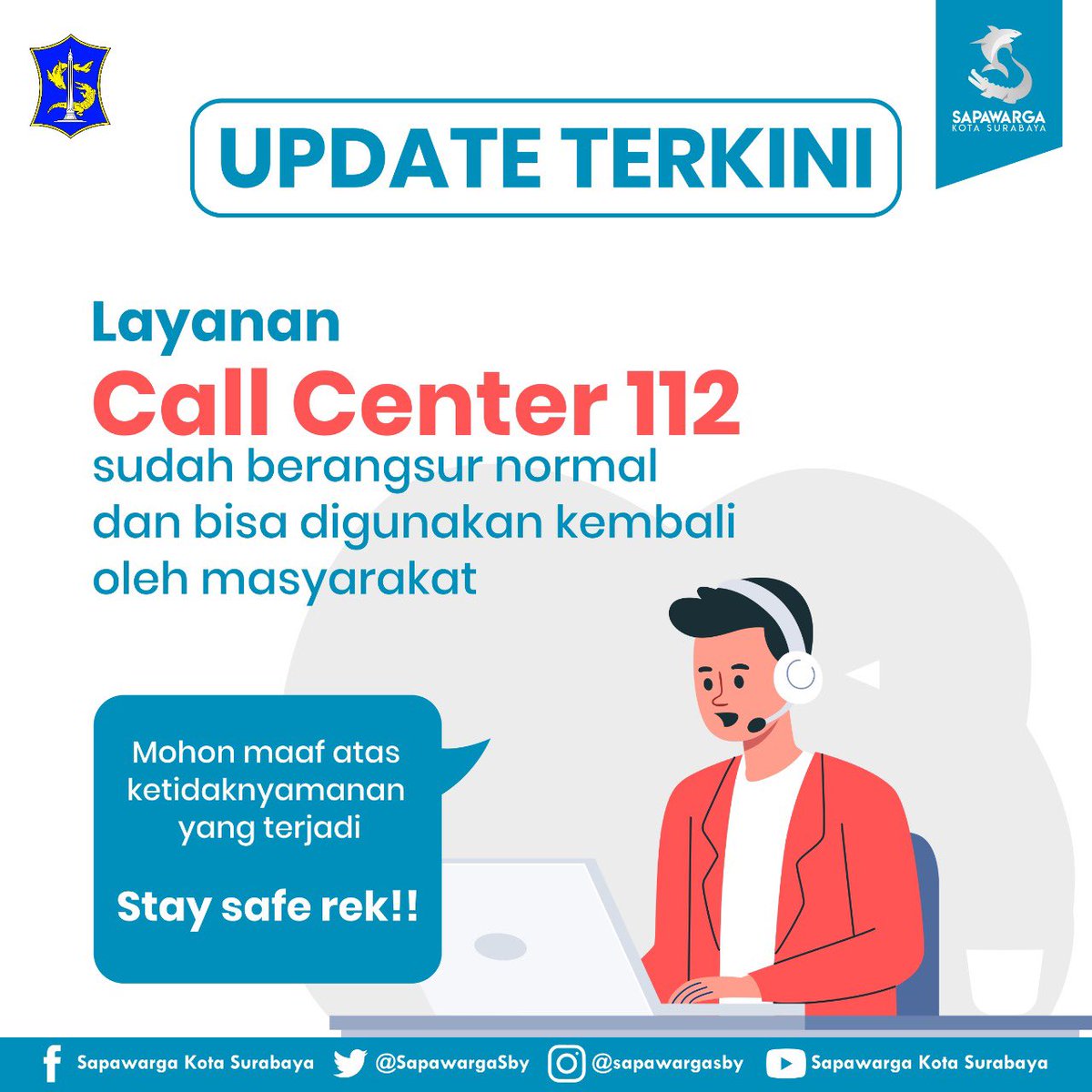 UPDATE TERKINI

Saat ini layanan Call Center 112 sudah berangsur pulih dan bisa digunakan kembali oleh masyarakat. Mohon maaf atas ketidaknyamanan yang terjadi 🙏🏻

Agar tidak menimbulkan kebingungan, post sebelumnya kami turunkan. Terima kasih. Stay safe semuanya 🤗
