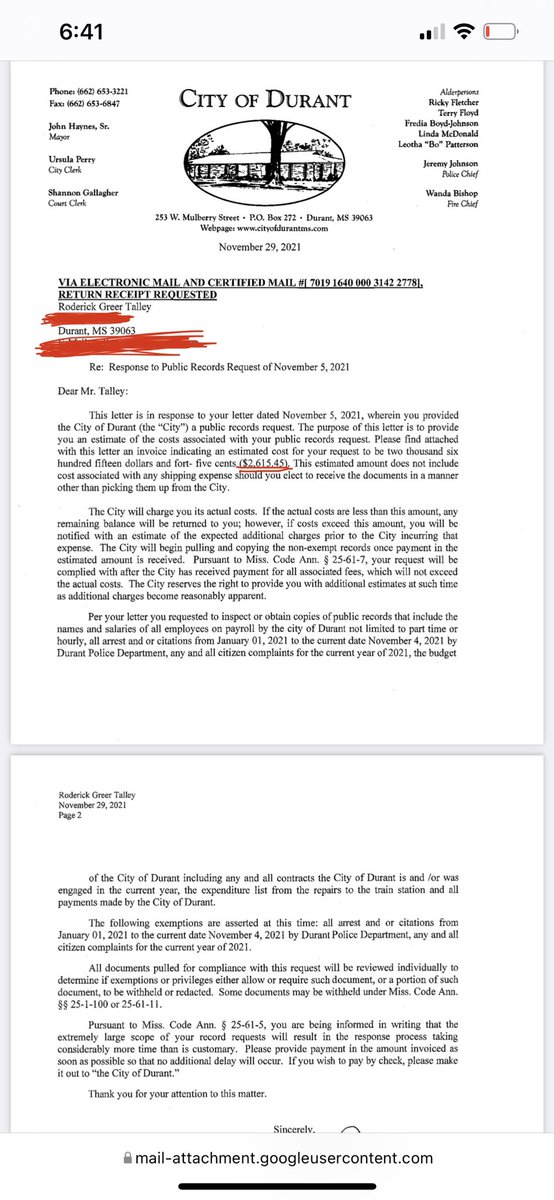 Durant, MS, where filing a Public Records request leads to you having to file suit in Chancery Court after receiving a bill 25 days later for $2,615.45 for asking to “inspect” the records and scan your own copy.
