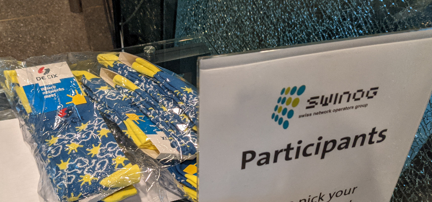 thking's tweet photo. I brought some @DECIX swag with me to the @Swinog #Swinog37! Go to the reception desk to get your #decixsocks! #sponsor #peeringfamily https://t.co/dn4DqXXkkL
