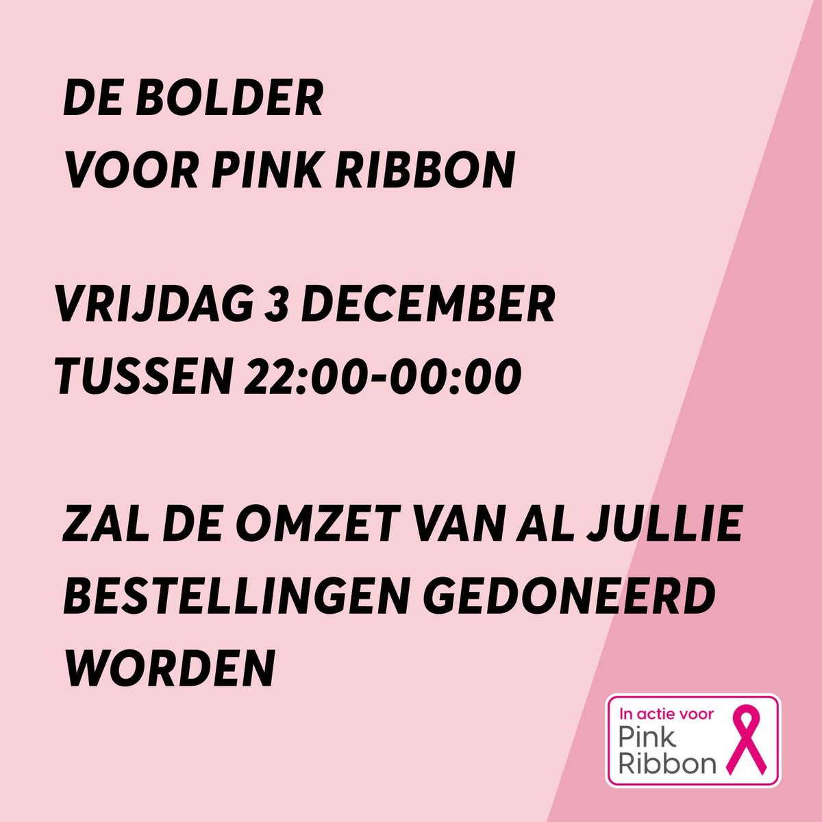 Vrijdag 3 dec gaat de omzet van de late avond snack naar het goede doel! #jubileimactie #pinkribbon