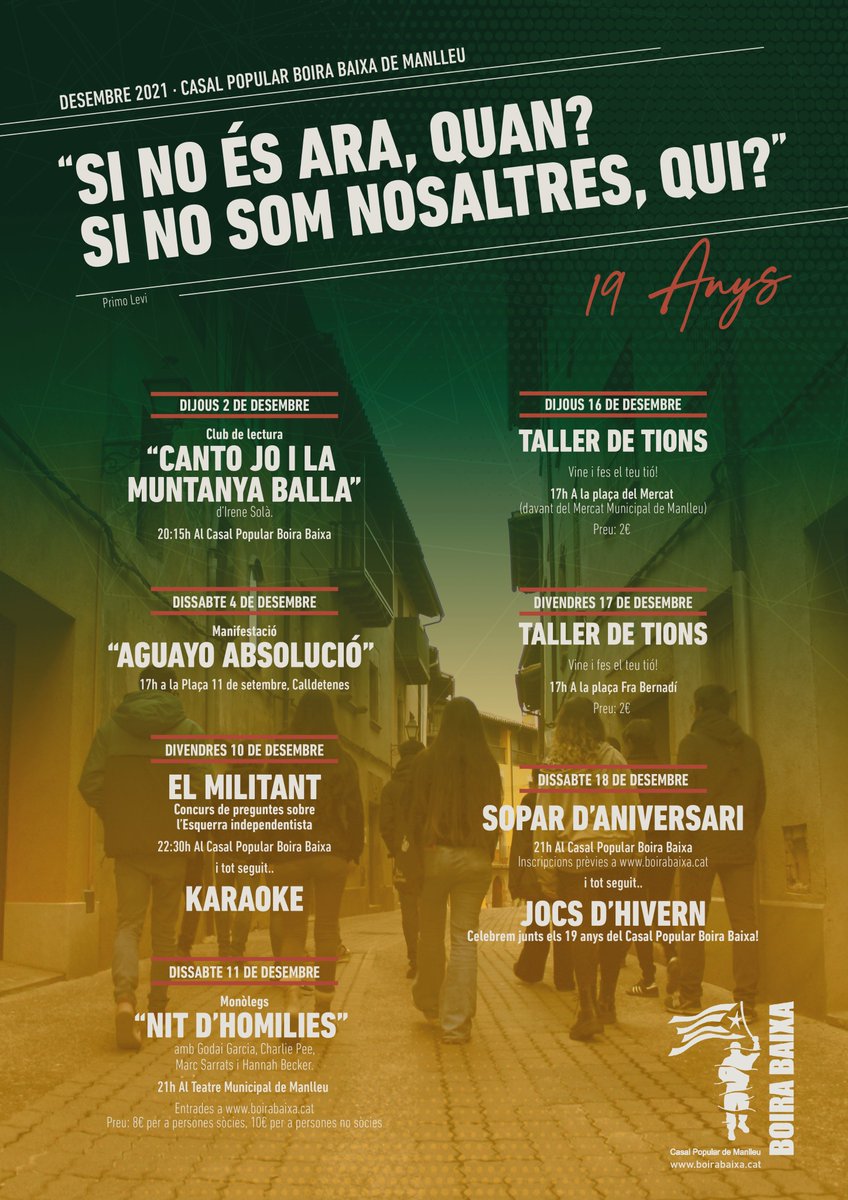 🎂 Aquest desembre celebrem els #19AnysBoiraBaixa! 🍾

😍 Sota el lema "Si no és ara, quan? Si no som nosaltres, qui?", organitzem un seguit d'actes al llarg de les properes setmanes. 🥳

ℹ️ Tota la informació a: boirabaixa.cat/2021/12/02/si-… #Manlleu #Osona #PaïsosCatalans