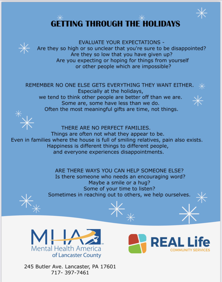 The holidays can be a difficult time.  At MHA of Lancaster County, We are here for you during the holidays and beyond.  If you or someone you love needs assistance or advocacy, please reach out: mhalancaster.org/contact-us/
#mentalhealth #advocacy #holidays #lancastercountypa