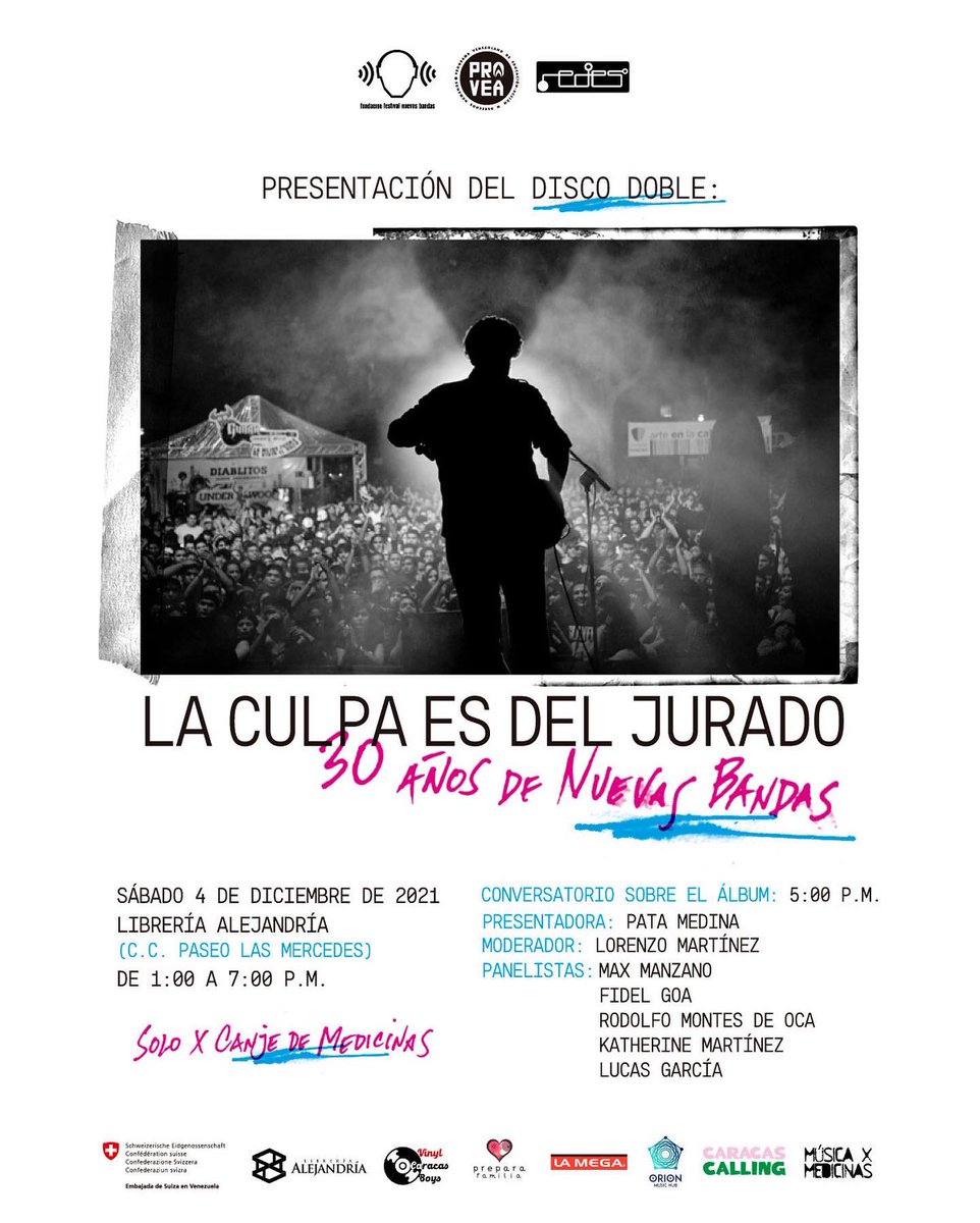 Les presentamos el tracklist oficial del álbum en vivo 'La Culpa es del Jurado: 30 Años de Nuevas Bandas'.

Este disco doble en formato CD se podrá conseguir este sábado 4 de diciembre, a partir de la 1:00 p.m. en la Librería Alejandría (C.C. Paseo Las Mercedes).