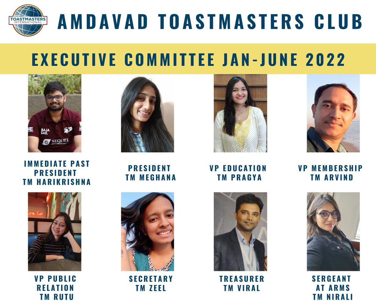 Toastmaster_ahd's tweet photo. Introducing our dedicated &amp; passionate elected club officers of Amdavad Toastmasters Club 🎉

Best wishes to the incoming executive committee 💐 https://t.co/8Qb9JClZXw