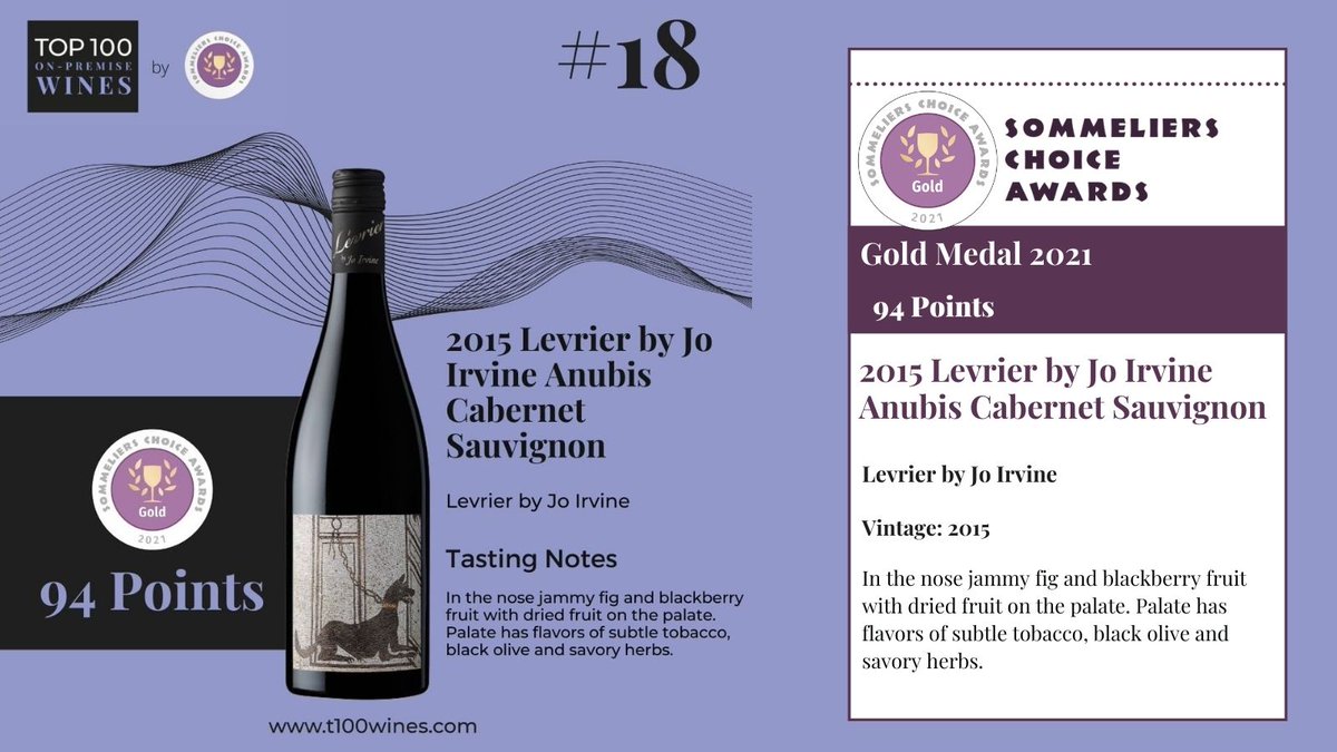 Scoring a smashing 94 points, 2015 Levrier by Jo Irvine Anubis Cabernet Sauvignon by #levrierbyjoirvine won a gold medal at the 2021 @SommChoiceAward and was placed at no. 18 in the @OnPremiseWines list!⠀

#meslier #sparklingwine #sparkling #adelaidehillswine