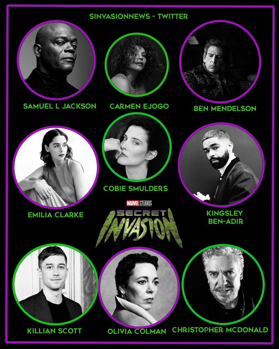 GabiMG_News's tweet photo. 💥 Current cast for "Secret Invasion"💥 #SecretInvasion #SamuelLJackson #EmiliaClarke #CarmenEjogo #BenMendelson
#CobieSmulders #KingsleyBenAdir
#KillianScott #OliviaColman #CristopherMcDonald #MarvelStudios

Credits: @SInvasionNews https://t.co/F9ZjirZQnN