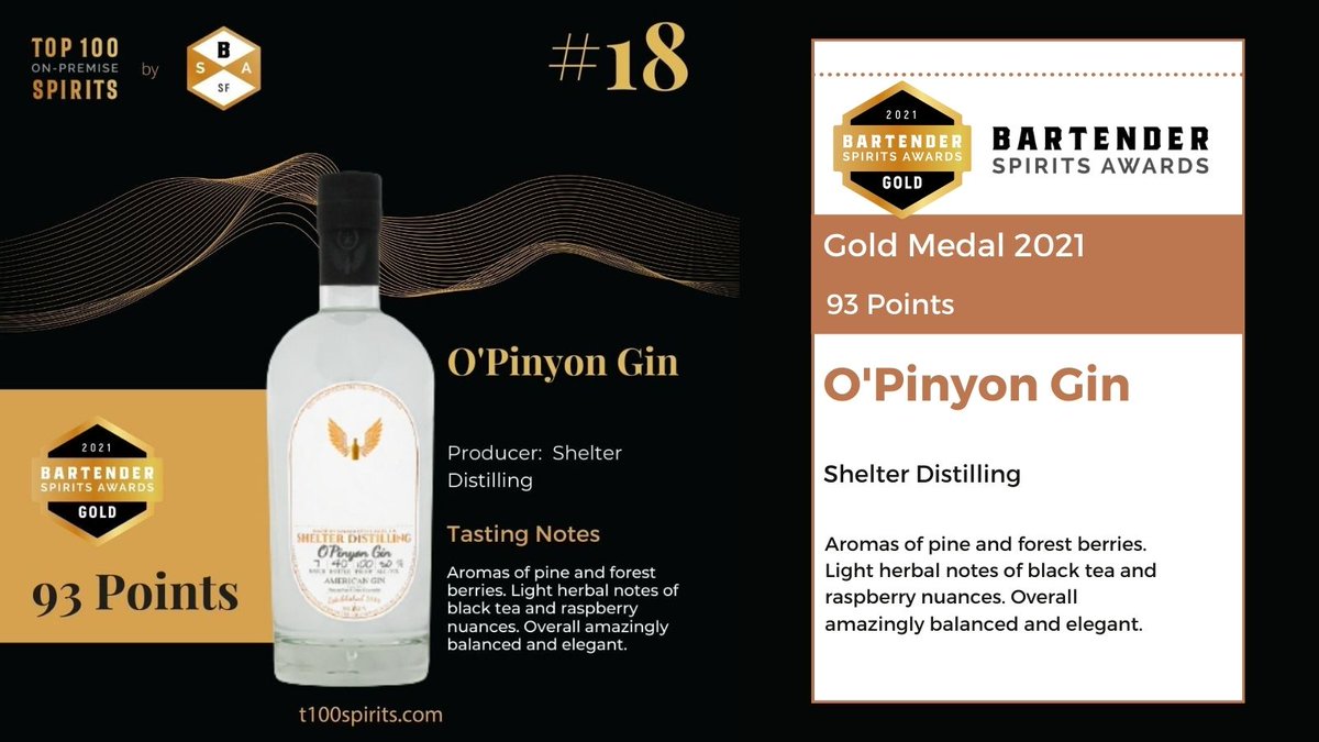 O'Pinyon Gin by #shelterdistilling won a #goldmedal at the 2021 <a href="/BartenderAwards/">Bartender Spirits Awards</a> and was placed at no. 18 in the <a href="/Top100SpiritBSA/">Top 100 On Premise Spirits</a> list!⠀⠀

Congratulations to the entire team on this victory!

#ginandtonic #vodka #ginstagram #ginlovers #gintonic #ginoclock