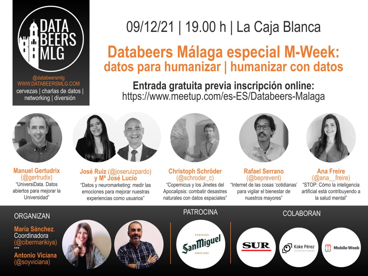 det_uma's tweet image. 👀 Este 9 de Noviembre 👀
🍻Llegan las DataBeers🍻

Como actividad dentro de la 📱MobileWeek📱

Estas charlas divulgativas tratarán la utilidad de los datos para mejorar el bienestar físico y emocional de las personas e incluso salvar vidas.

‼️ Te estaremos esperando ‼️