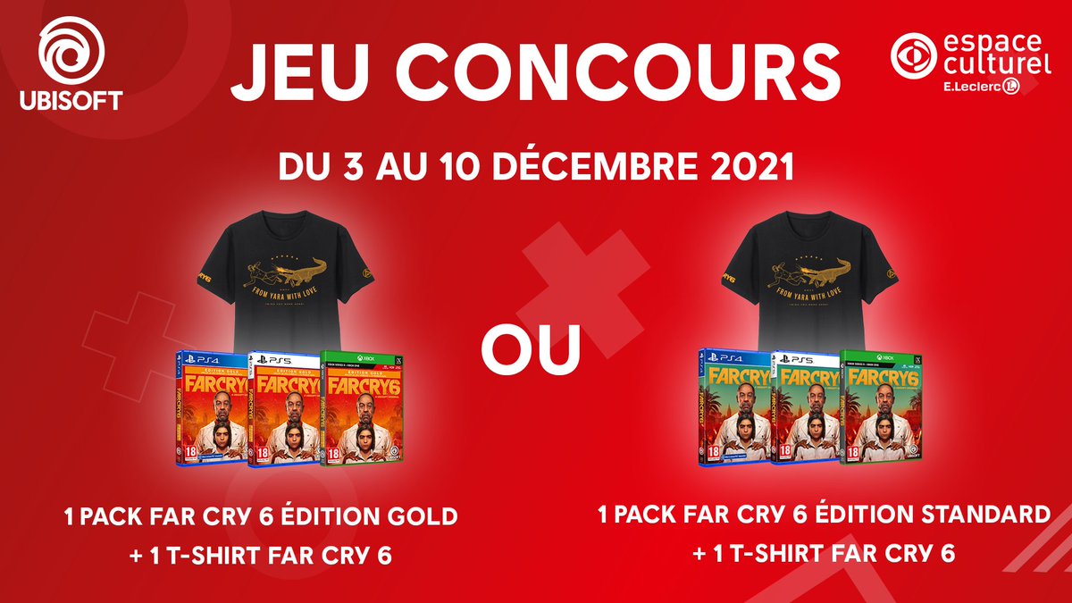 Leclerc_JV's tweet image. En attendant Noël, tentez de gagner des lots #FarCry6 : 1 pack FAR CRY 6 édition gold + 1 t-shirt OU 1 pack FAR CRY 6 édition standard + 1 t-shirt 🎁
TAS le 10/02 ⏱️

Pour participer : RT + Follow @Leclerc_JV 

Dispo▶️bit.ly/3ls1V05
Règlement▶️bit.ly/32HdzhN