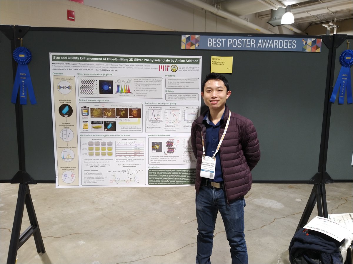 Paritmongkol's tweet photo. Poster on our recently published work in JACS on AgSePh (https://t.co/ONlJvS3BEM) got an award last night at Fall MRS 2021. More talk and poster from our team today at 1:45 pm in CH02 and 8pm. @TisdaleWA https://t.co/caZCnlTyqT