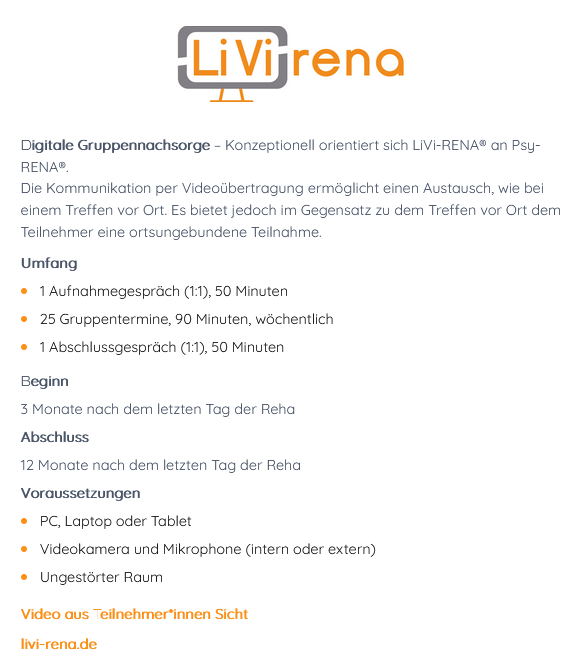 Psyrena_info's tweet photo. LiVi-RENA® ist digital und ist dadurch ortsungebunden. Der Ablauf ist wie bei Psy-RENA® - "nur" online. 

LiVi-RENA® ist über die Umkreissuche von https://t.co/duKV8DZbyf zu finden. 
#rehabilitation #LiViRENA #RehaNachsorge #Psychosomatik https://t.co/RuKUCa4WUp