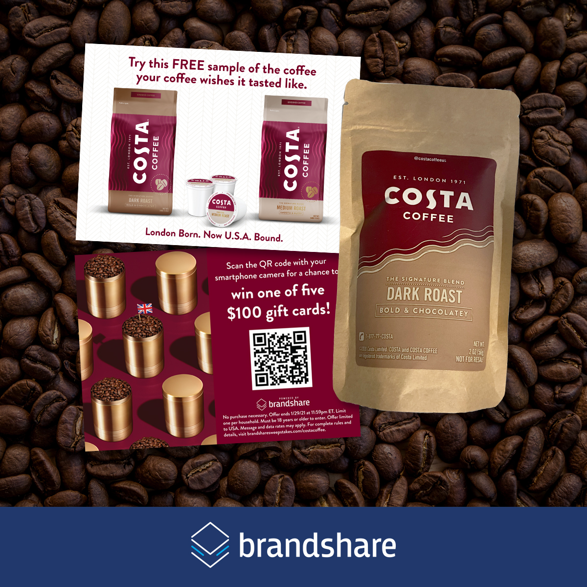 BrandShareUS's tweet photo. #tbt to this bold coffee campaign Brandshare completed with Costa Coffee. Brandshare helped deliver full-sized samples of their Dark Roast Signature Blend coffee grounds via e-commerce packages to a highly targeted audience of change makers. Talk about a brew-ing success story! https://t.co/AyY6AnTsSb
