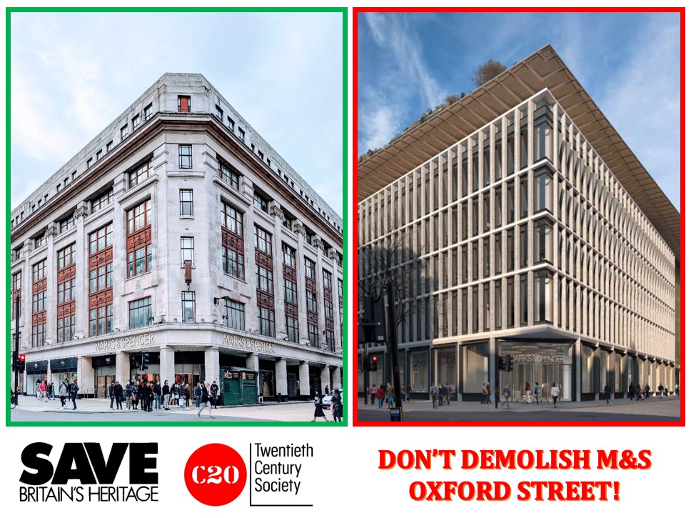 SAVEtoReuse's tweet photo. 🆘Sign the @SAVEBrit and @C20Society petition calling on @marksandspencer to do the right thing and stop the demolition of Oxford Street ✏️📭 Save and re-use M&amp;S flagship store👍➡️https://t.co/qwJCyKrYNL https://t.co/OhRXzXK38v