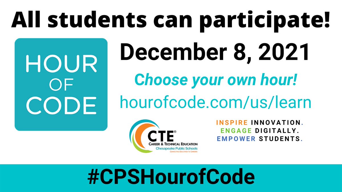 cpschoolsva's tweet image. Join our @Chesapeake_CTE and @CPSforCS next week by participating in the "Hour of Code" on December 8.
You can learn more about how to participate on our website: cpschools.com/event/hour-of-…
Be sure to share your photos with us using #CPSHourofCode. 💻