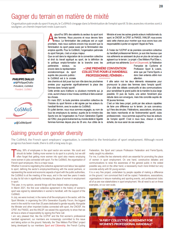 COSMOSportif's tweet photo. 🎙️🗞️ "Le COSMOS doit jouer tout son rôle dans les prochaines années pour augmenter significativement la place des femmes dans l’emploi sportif."

Philippe Diallo, interviewé dans le dernier numéro de Sport &amp; Citoyenneté, dédié à l'accès des femmes aux métiers du #sport ! https://t.co/B47NS69GFw