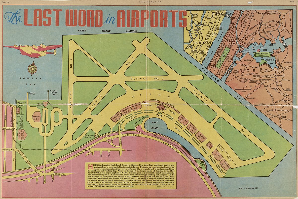 QueensMemory's tweet photo. #OnThisDay in 1939, La Guardia Airport first opened! Here's a colorful promotional map published by Sunday News from the #QPLDigitalArchive #AirportHistory #LaGuardiaAirport #airport https://t.co/SXkQYRcgkV