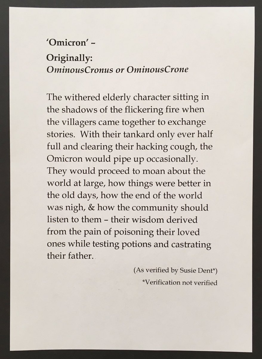 DjbSackett's tweet photo. ‘Omicron’ - from the original OminousCronus or OminousCrone… Origins supplied by @susie_dent (or not) in attached documentation for @MartinRowson #drawomicron https://t.co/33b93jiEH1