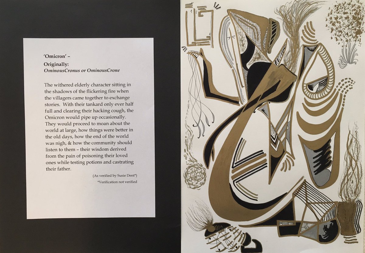 DjbSackett's tweet photo. ‘Omicron’ - from the original OminousCronus or OminousCrone… Origins supplied by @susie_dent (or not) in attached documentation for @MartinRowson #drawomicron https://t.co/33b93jiEH1