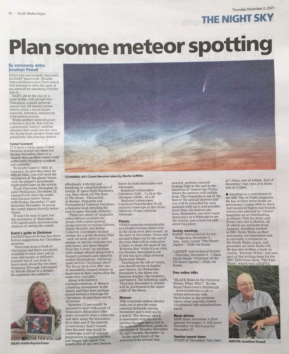 Ratrin's tweet photo. The December edition of the Night Sky is out today in the @southwalesargus If you're after some #astronomy and #philatelic #Christmas present suggestions read on🎄#philately #wales #presents #happykat https://t.co/hBZBNwONSM