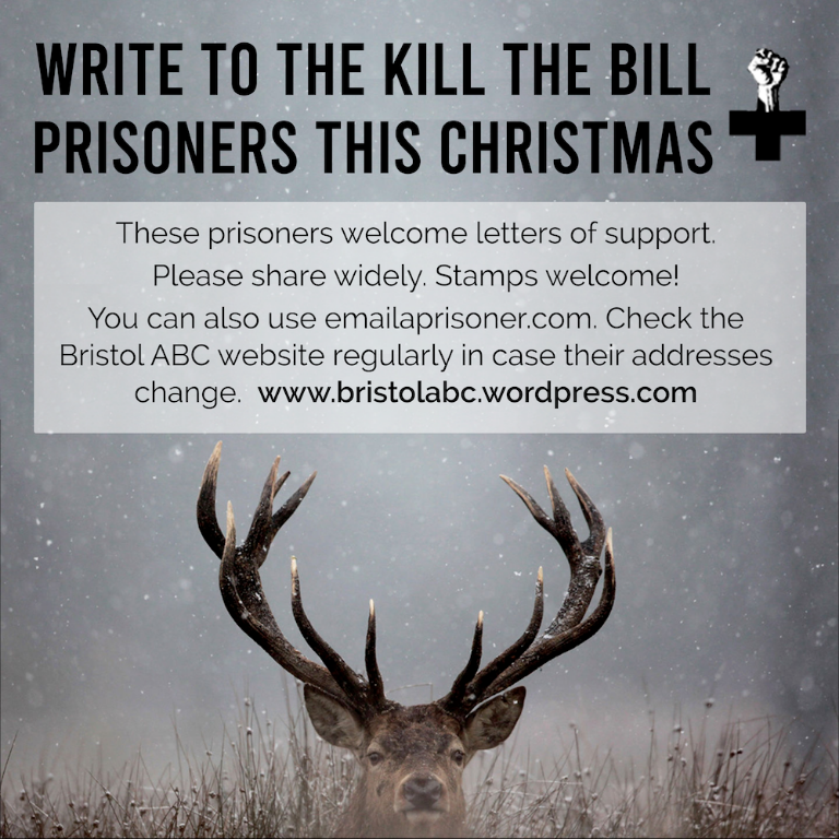 BristolDefenda1's tweet photo. Write to #KillTheBill prisoners this Christmas! ❄🎄✊🔥
You can also use https://t.co/0HJcdAVVBp

Make sure to check @Bristol_ABC for updates! https://t.co/ZutjrOliHs