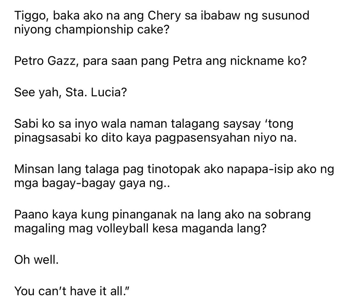 theywritetoo's tweet photo. “Ayon nga sa kasabihan: Ang mapagtiis ay maganda.”

The Kween sends a message to professional club teams in the PVL through #theywritetoo to close her story. ✊🏼😂

Part three of three! 

Salamat sa pagbabahagi, @judithabil! ♥️ https://t.co/fq21sj7qrk