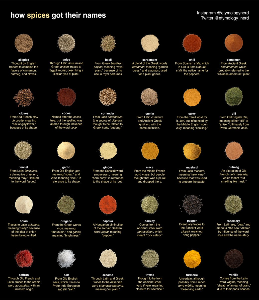 How spices got their names.

#etymology #linguistics #infographic #interesting #guide #infographics #cooking #spices