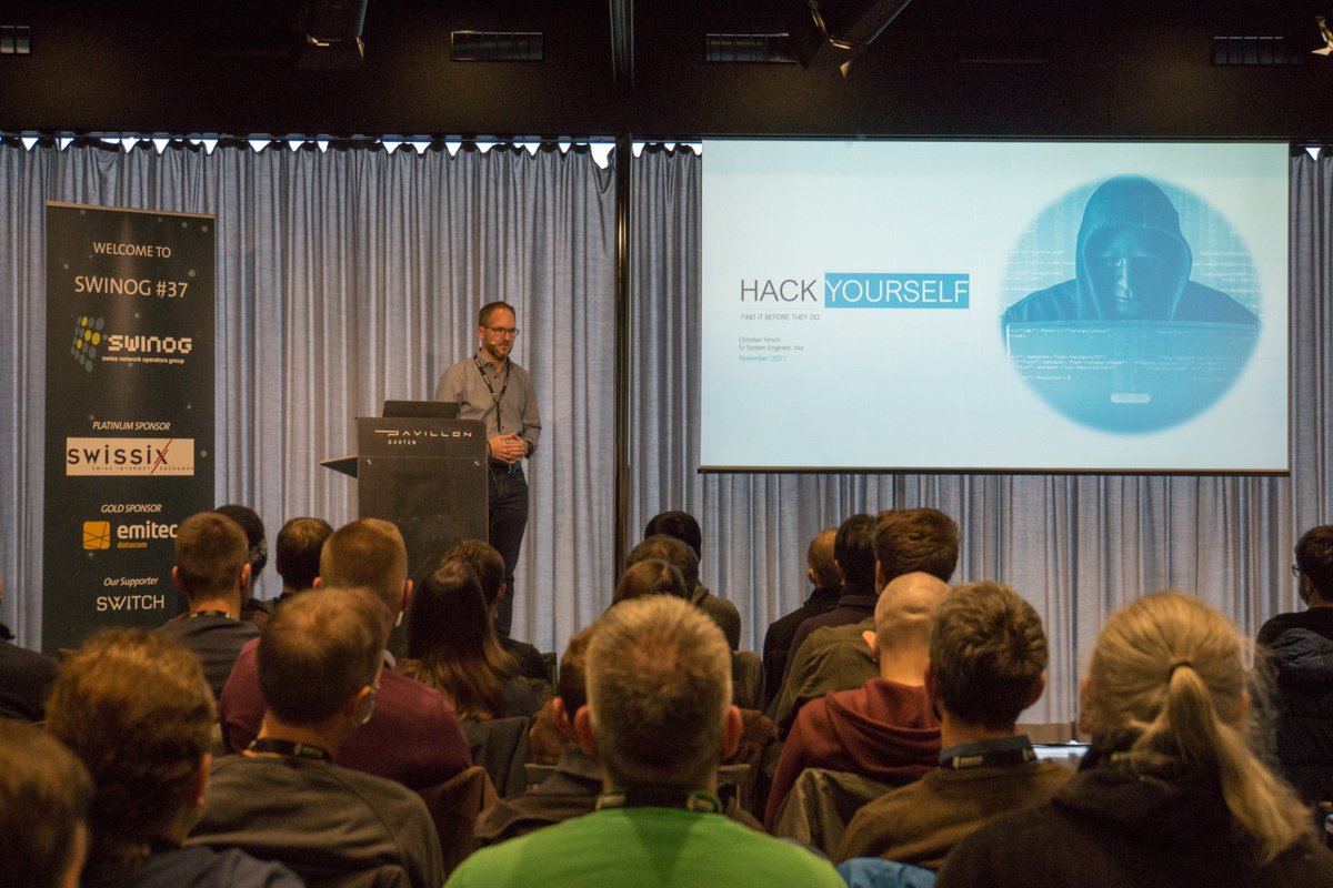 swinog's tweet photo. Thanks to our sponsor #emitec we have Christian Hirsch from @Keysight on stage with „HACK YOURSELF – Find it before they do!“ #hacking #swinog #swinog37  #security https://t.co/Aqf00jvgFD