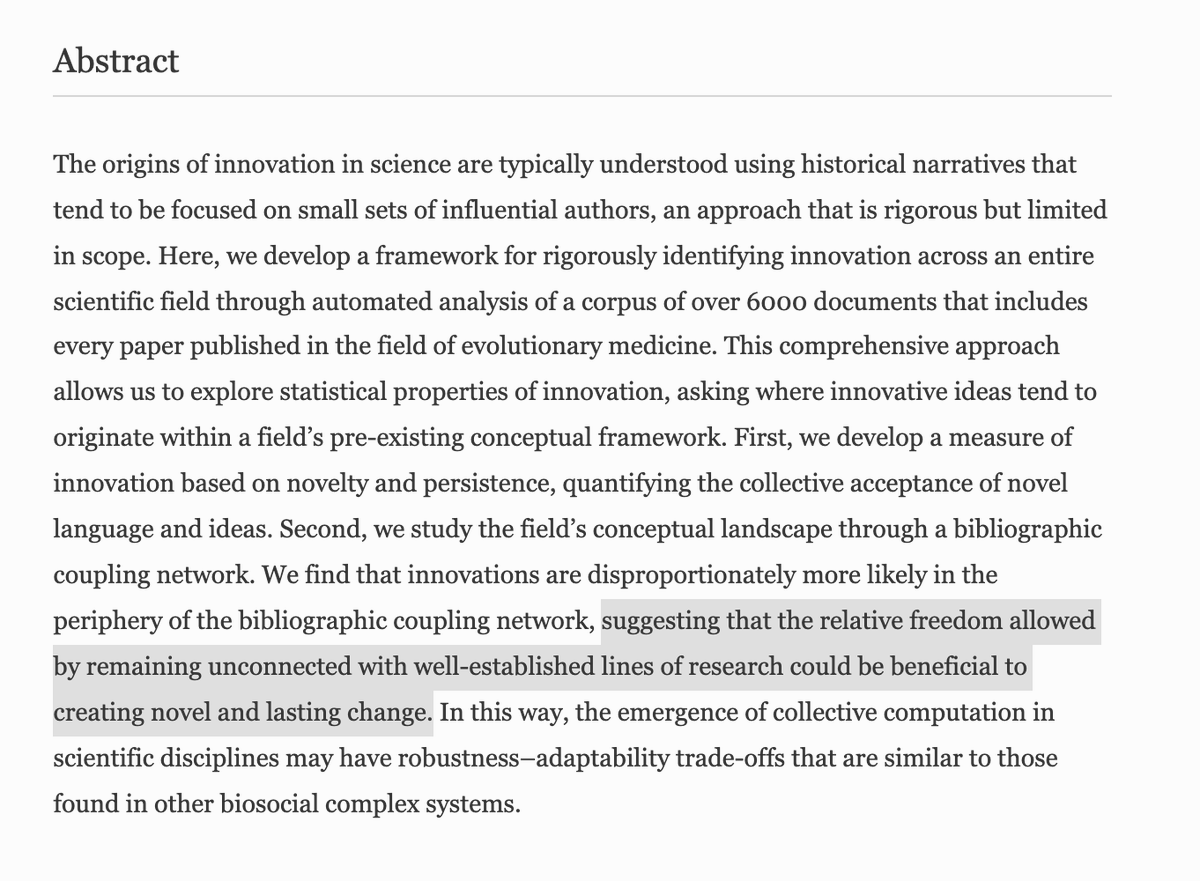 Santa Fe Institute (@sfiscience) on Twitter photo 🔎 Relatedly, new work co-authored by SFI External Prof <a href="/mlaubic/">Manfred Laubichler</a> (with <a href="/ASU/">Arizona State University</a>'s Deryc Painter & <a href="/BryanDaniels/">Bryan Daniels</a>):
"Innovations are disproportionately likely in the periphery of a scientific network"
link.springer.com/article/10.100…
(File under "#robustness / #adaptability tradeoffs") 🔎 Relatedly, new work co-authored by SFI External Prof <a href="/mlaubic/">Manfred Laubichler</a> (with <a href="/ASU/">Arizona State University</a>'s Deryc Painter & <a href="/BryanDaniels/">Bryan Daniels</a>):
"Innovations are disproportionately likely in the periphery of a scientific network"
link.springer.com/article/10.100…
(File under "#robustness / #adaptability tradeoffs")