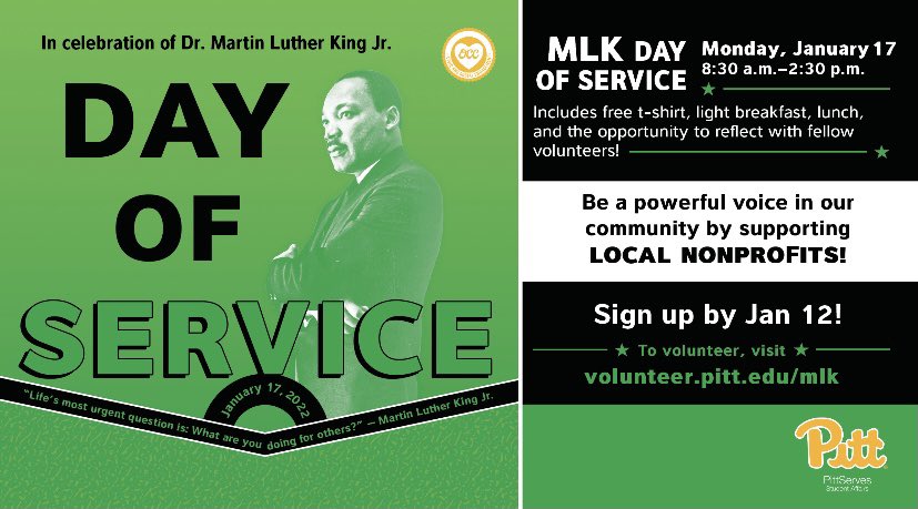 ForbesHall1's tweet photo. Monday, January 17th is PittServe’s MLK Day of Service! Registration is open now and closes January 12: https://t.co/JkMw2pF4kW https://t.co/WksPrXXxIP